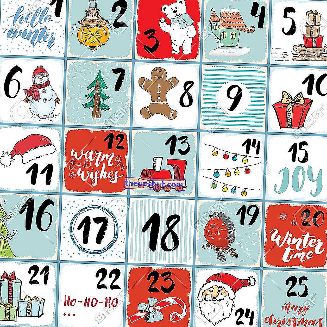 Karácsonyi adventi naptár.  Kézzel rajzolt elemek és számok.  Téli ünnepek naptár kártyák díszlet, vektoros illusztráció